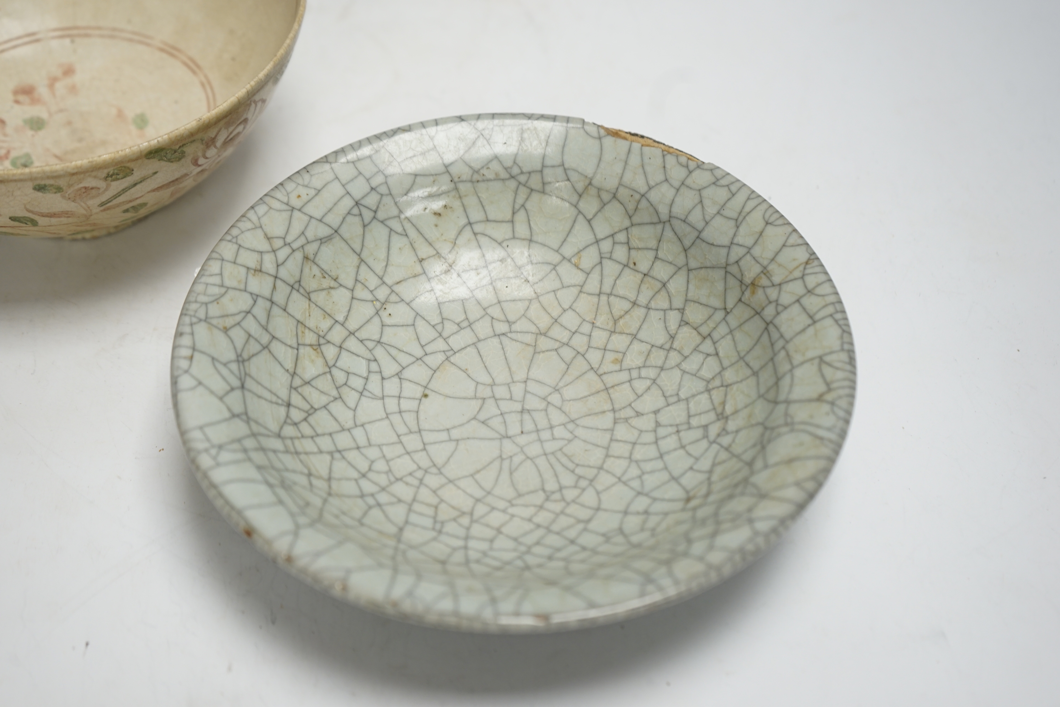 A Chinese crackle glazed bowl together with a South East Asian bowl, largest 18cm